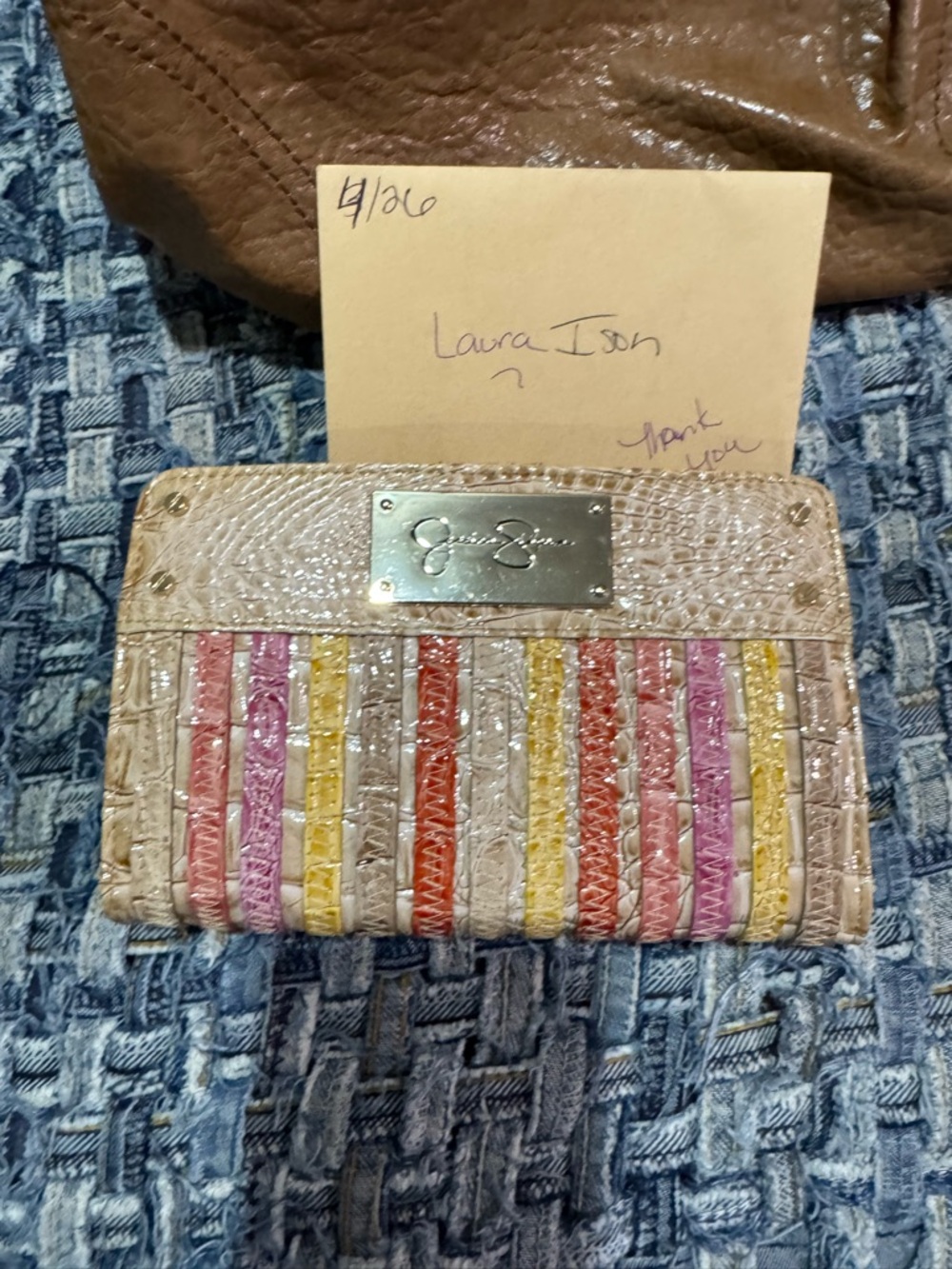 Jessica Simpson Beige Wallet with Multicolor Embossed Stripes vintage